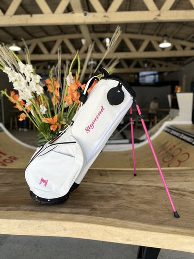 Custom MNML GOLF BAG featuring Katie Sigmond custom golf bag with Pink Legs and Pink M logo