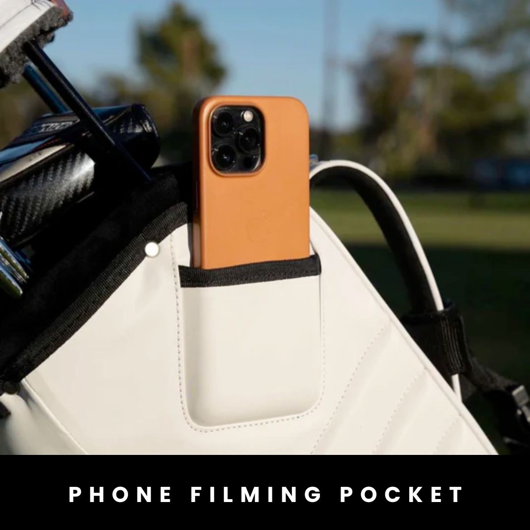 The MR1 Eco golf bag comes wtih a phone filming pocket that is iphone and android compatible.