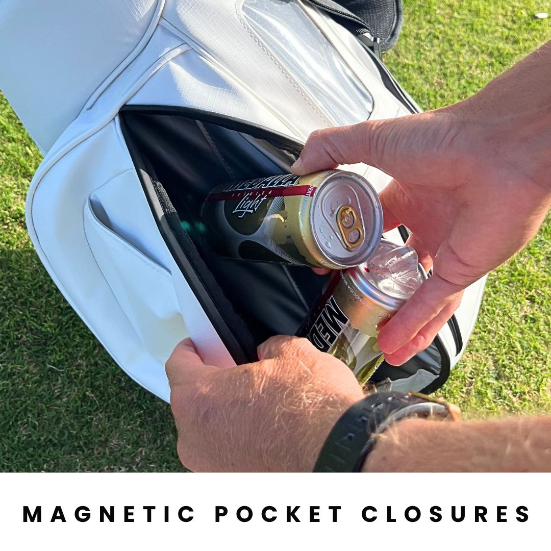 The MR1 eco golf bag has MNML GOLF's signature magnetic pocket closures.