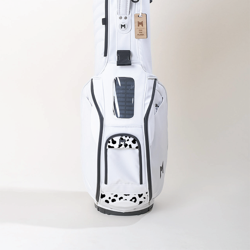 This is the MR1 eco golf bag, made from 40 recycled water bottles. It features hand painted leopard print by artist, Axel Lony.