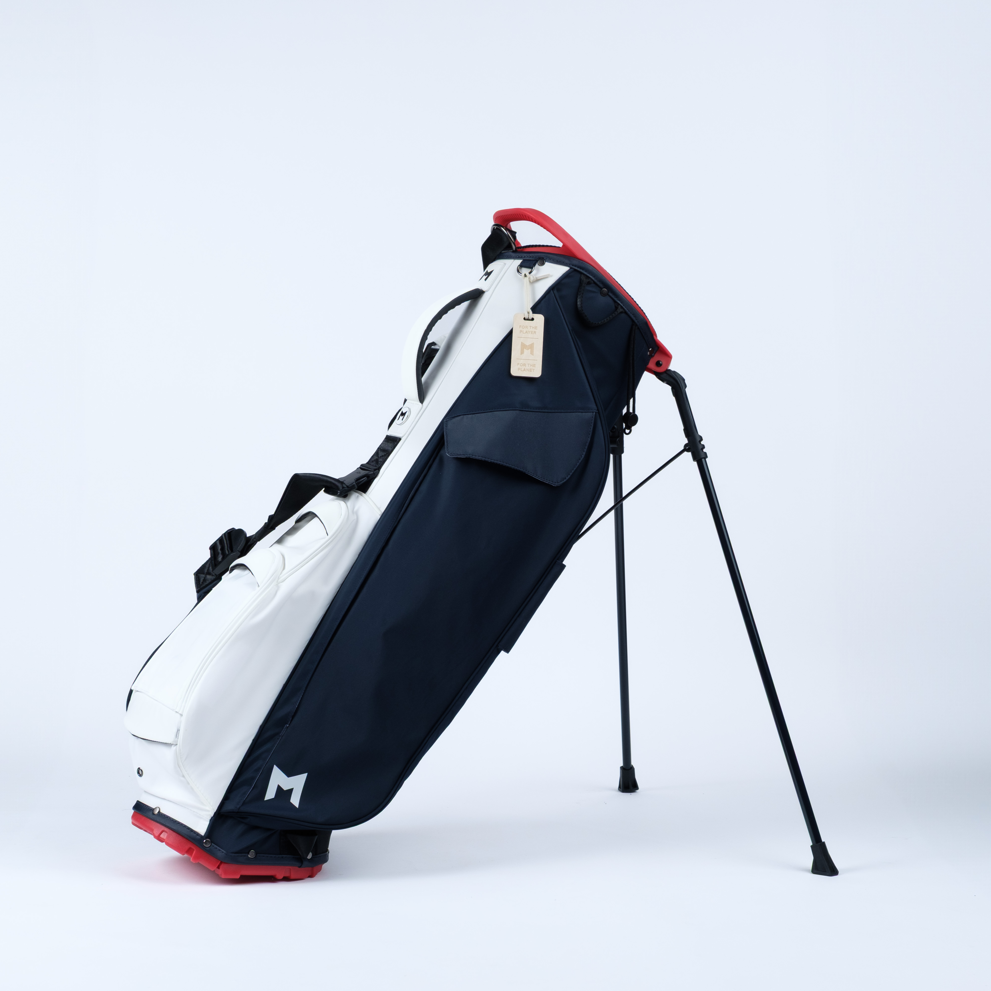 MNML GOLF Stand Bag in Navy/White with White Background