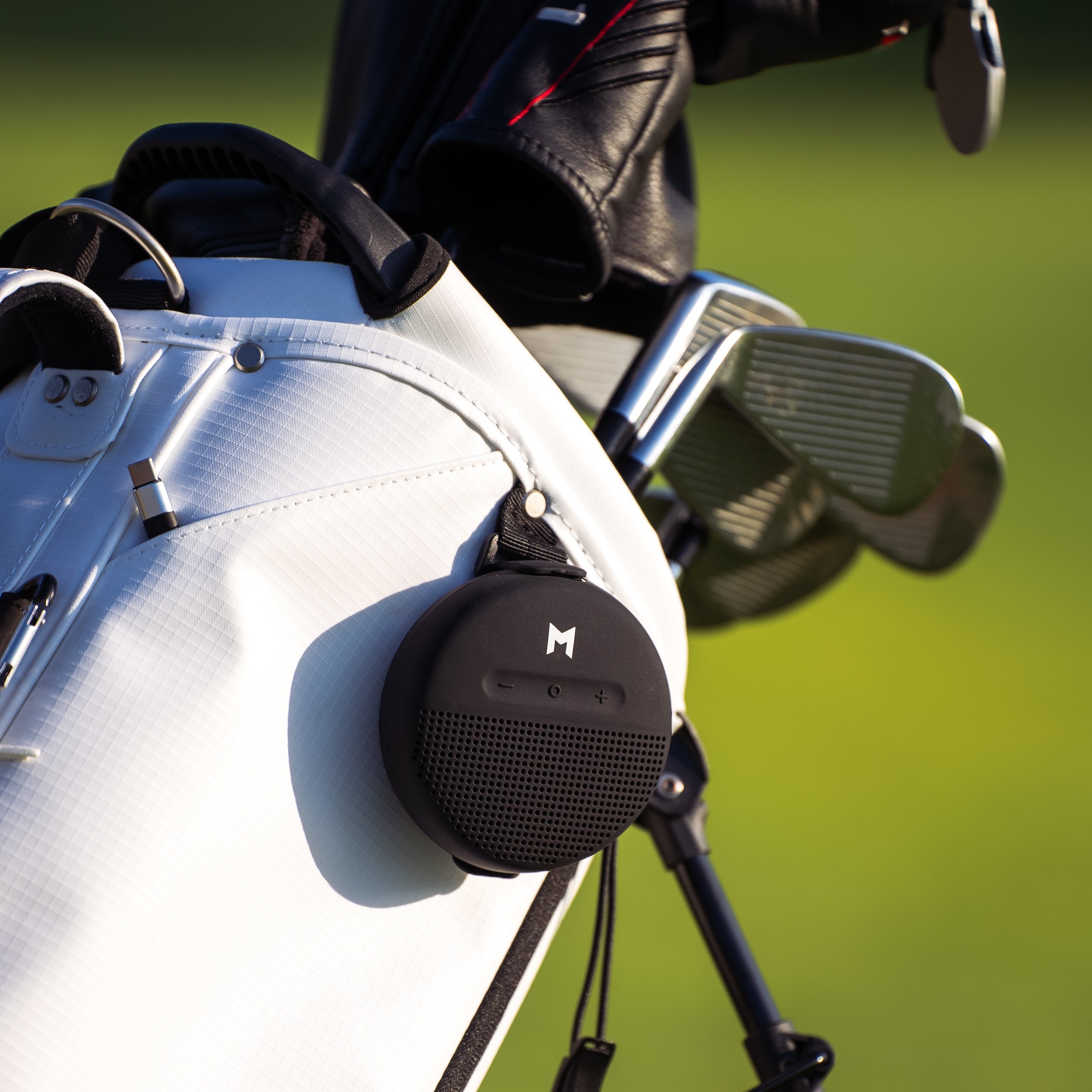 This is our waterproof bluetooth speaker on our new MR1 eco golf bag.