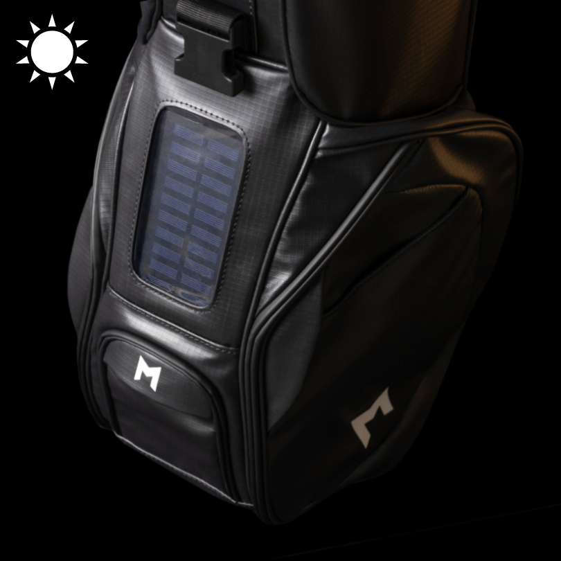 The MNML GOLF MR1 sustainable golf bag comes with a solar power phone charger to keep your phone charged while you play. 