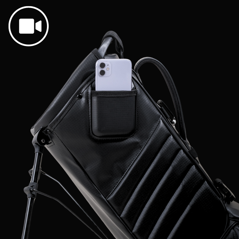 The MNML GOLF MR1 sustainable golf bag features our iPhone-Android compatible phone filming pocket to film your swing.