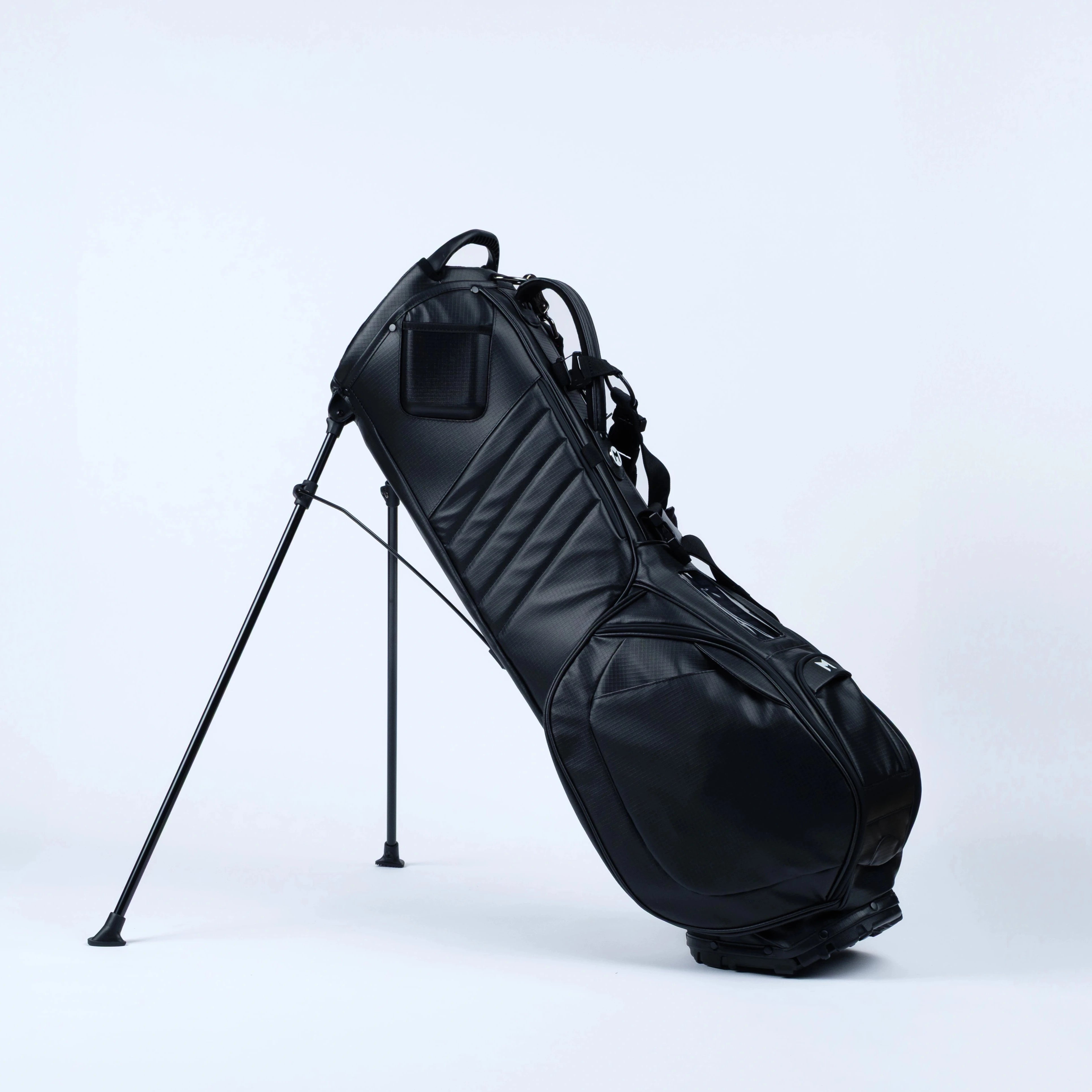 Black golf bag on stand with 100% recycled materials