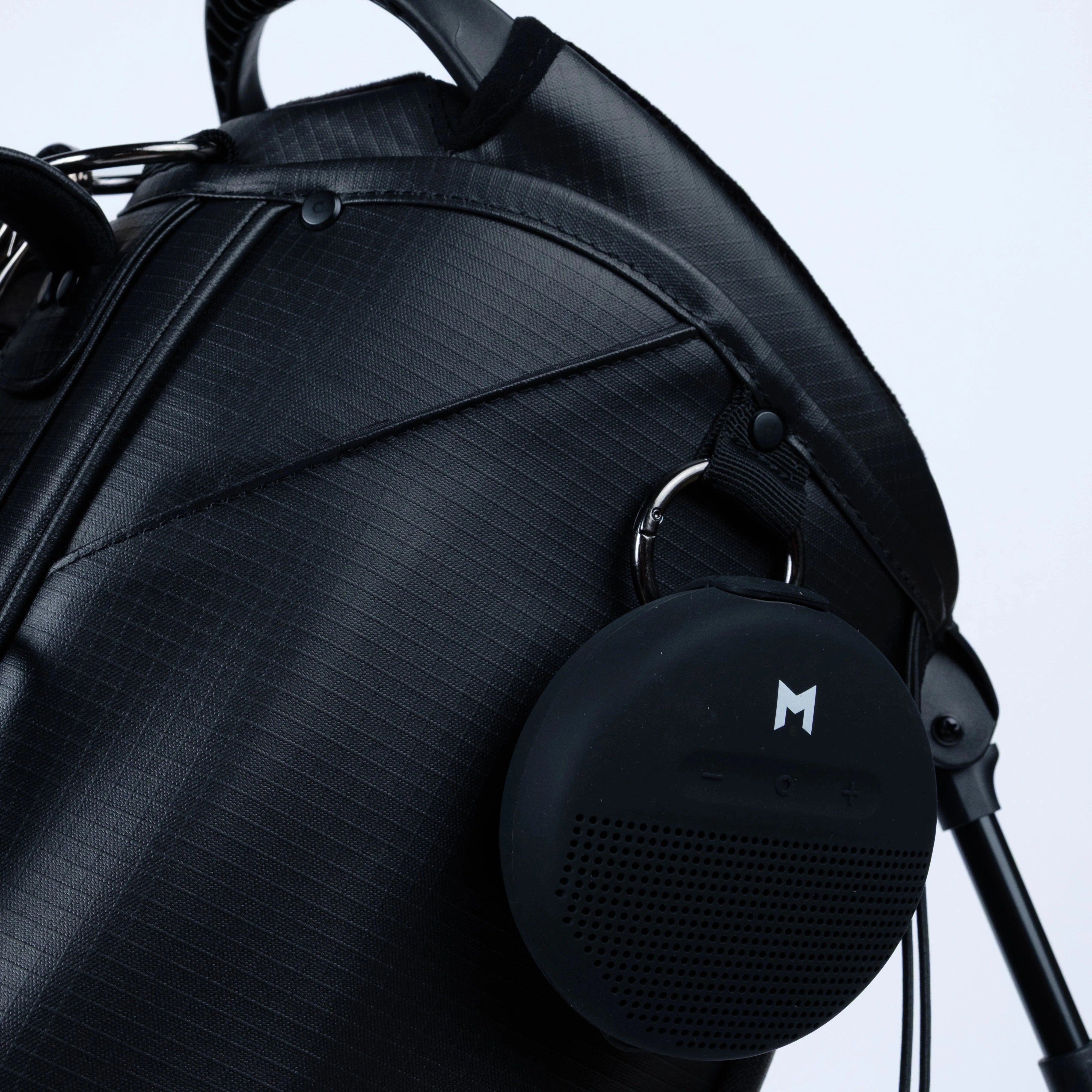 MR2 Black Golf Stand Bag Top Handle and Bluetooth Speaker Close Up