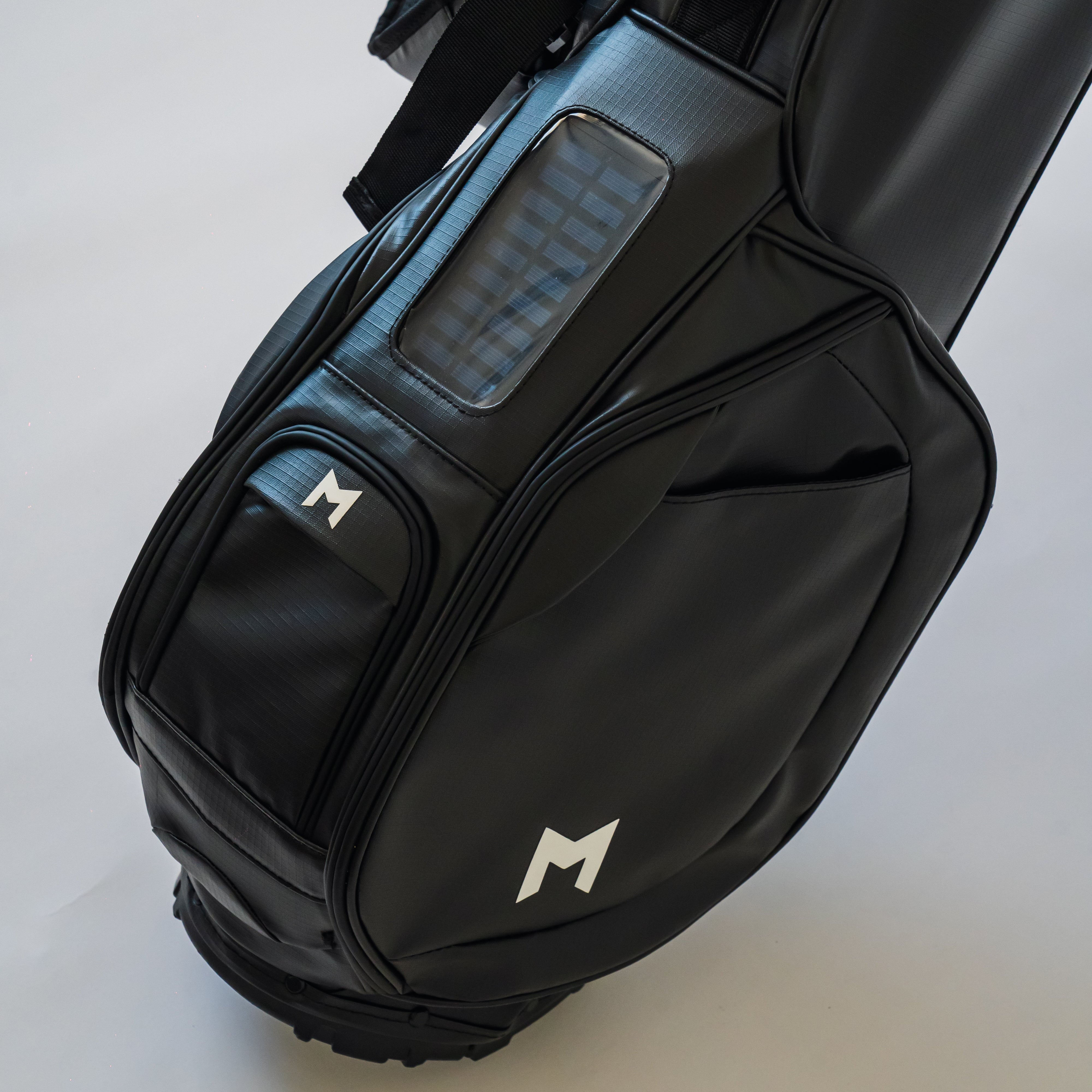 Tech-forward MR2 golf bag with built-in solar charger and Bluetooth speaker in black colorway