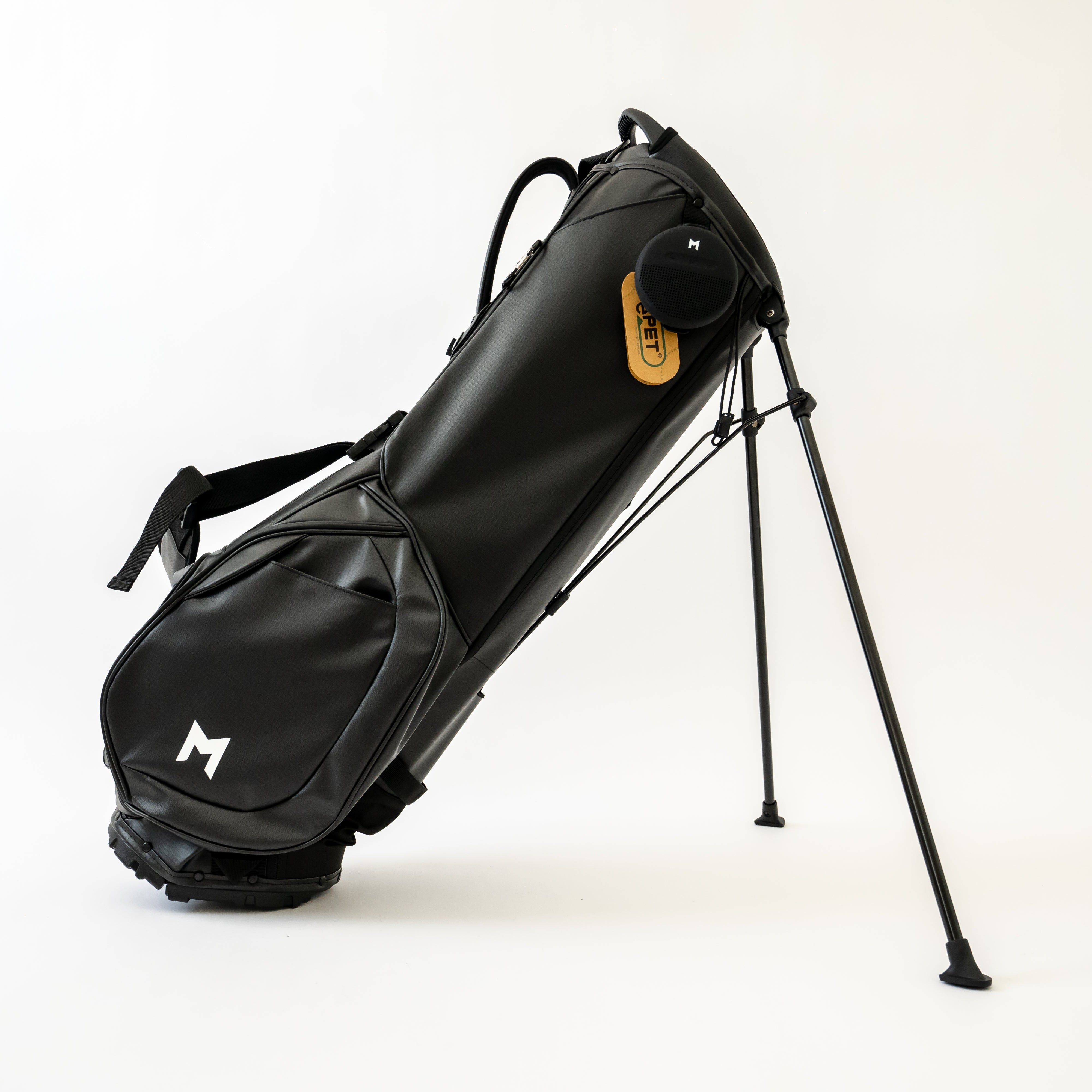 Innovative modern black golf bag on stand with magnetic pockets bluetooth speaker and solar phone charger