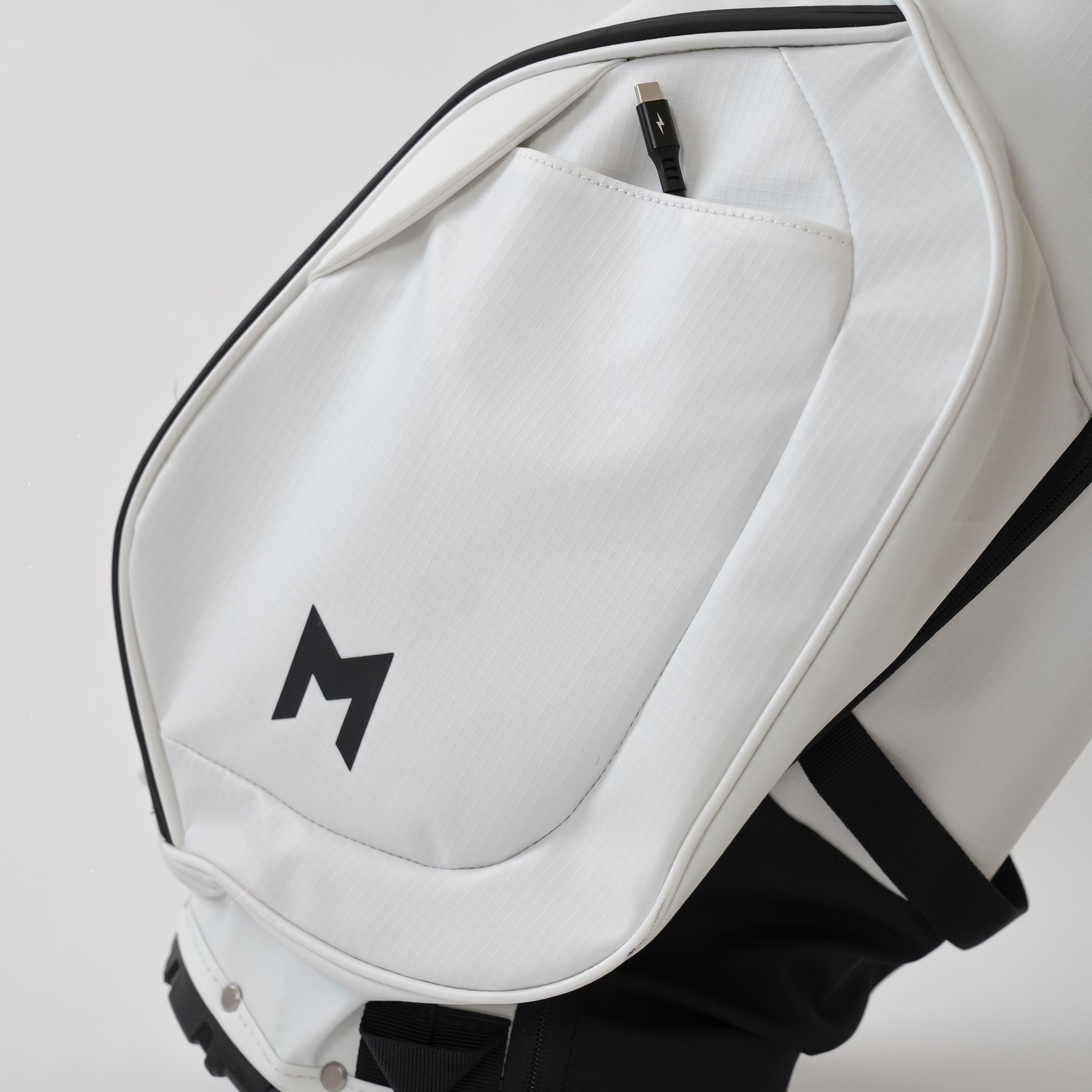 MNML GOLF MR2 golf bag in white with magnetic pockets and minimalist design