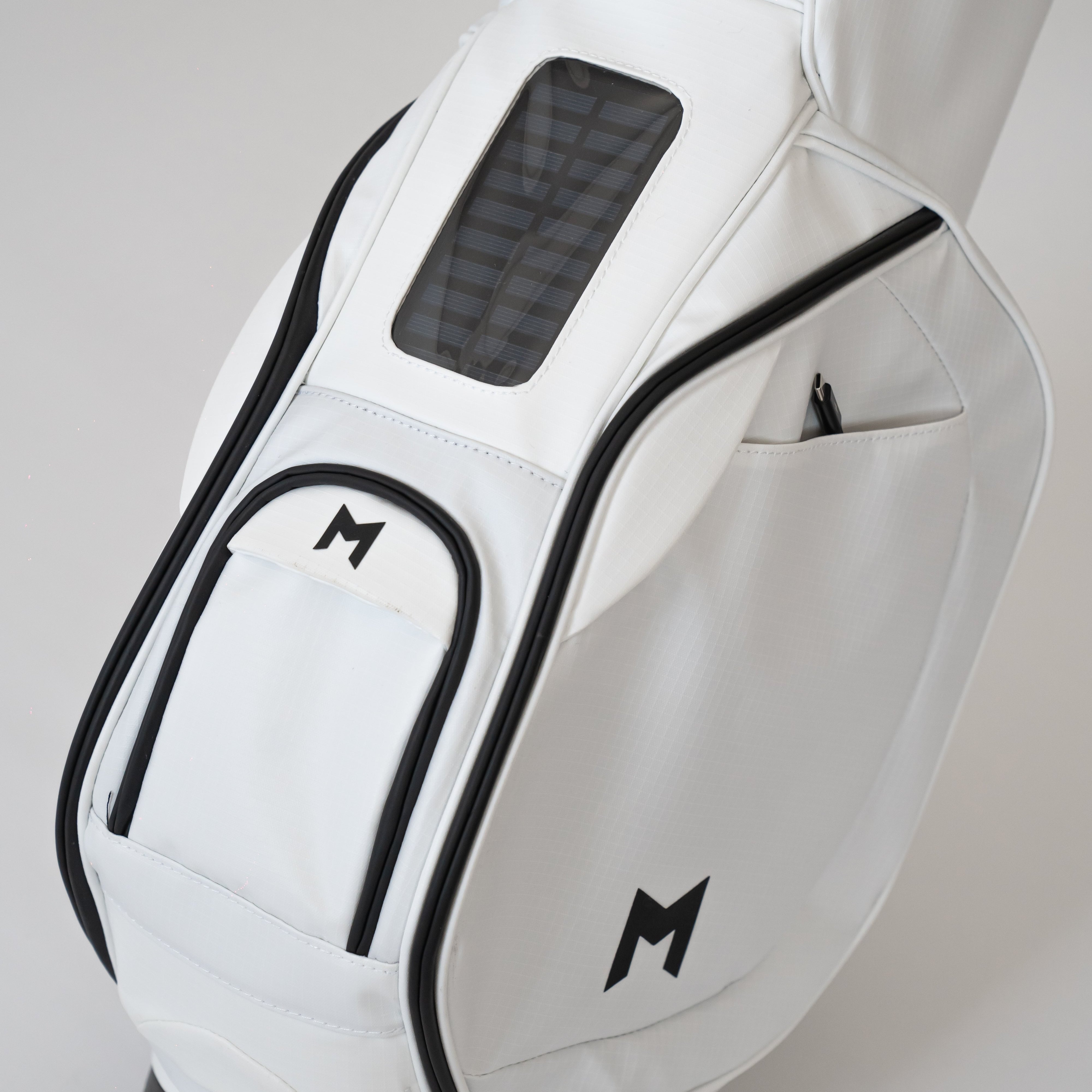 Solar Phone Charger built into MNML GOLF MR2 golf bag in white