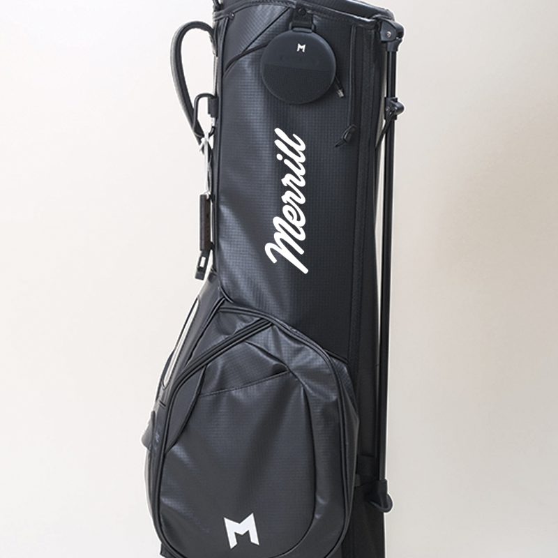 In collaboration with Merrill Golf, MNML GOLF designed a hand painted, black golf bag with contrasting white logo paint.