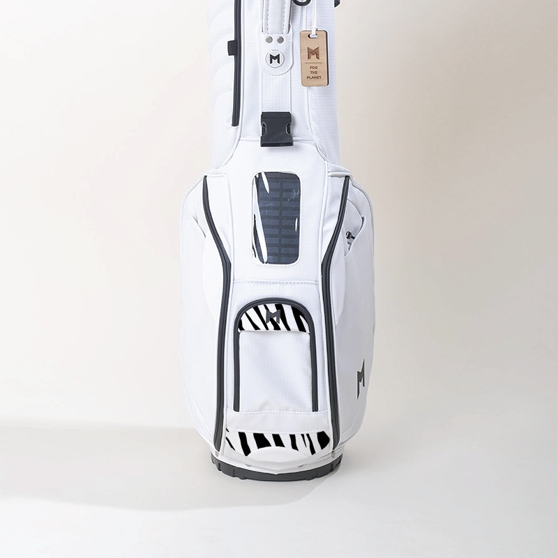 MNML GOLF collaborated with Axel Lony on hand painted golf bags. This is the MR1 Eco Golf Bag with zebra print.