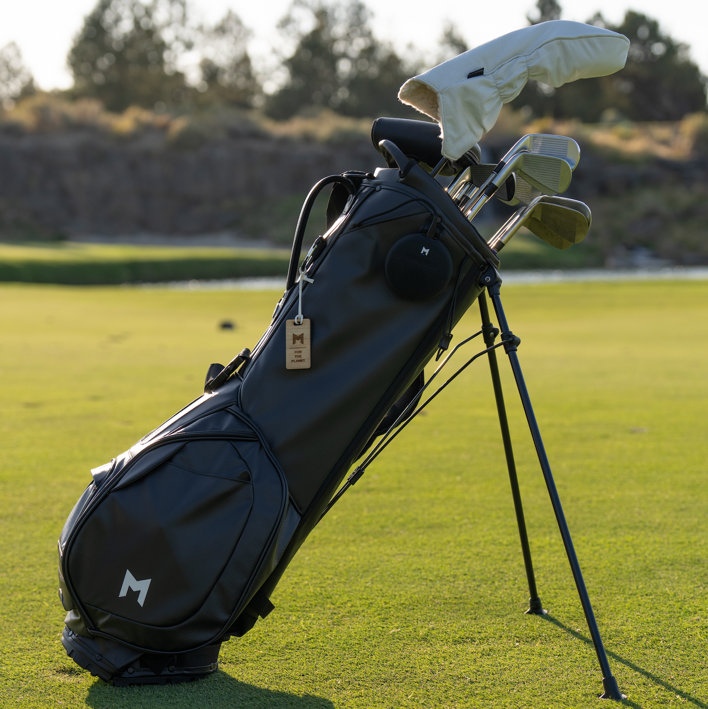 this is the mnml golf eco golf bag, in black on the golf course