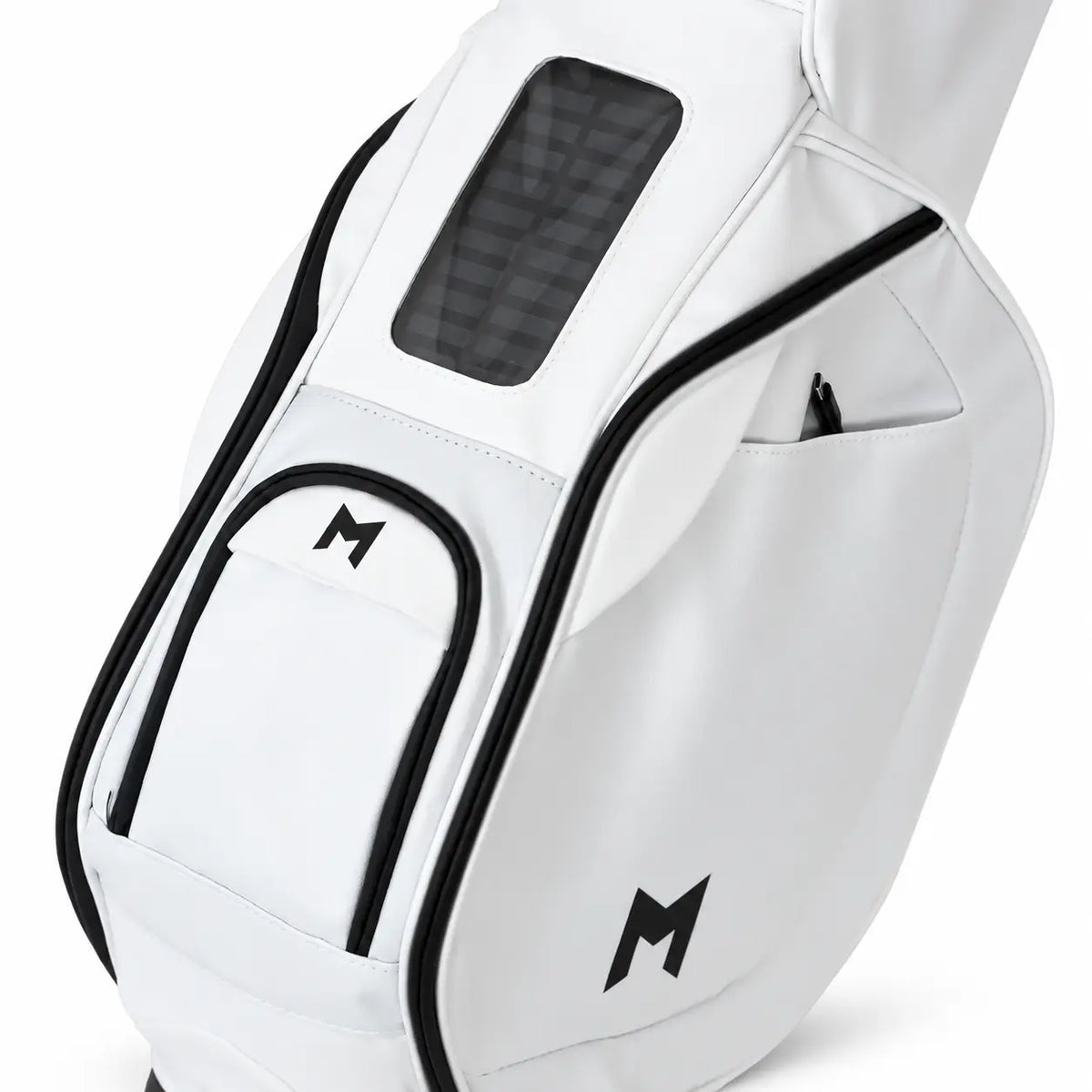A white golf bag with black trim, featuring a front solar power bank phone charger with an 'M' logo and all magnetic pockets