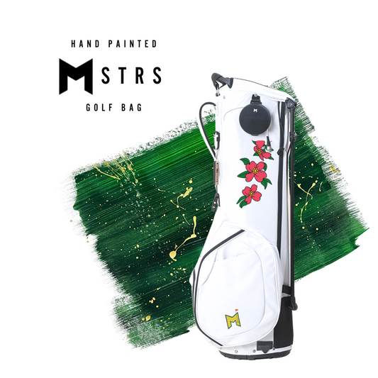 To celebrate the Masters, MNML GOLF designed a hand painted MR1 eco golf bag featuring the iconic Azalea flowers and Masters theme colors.