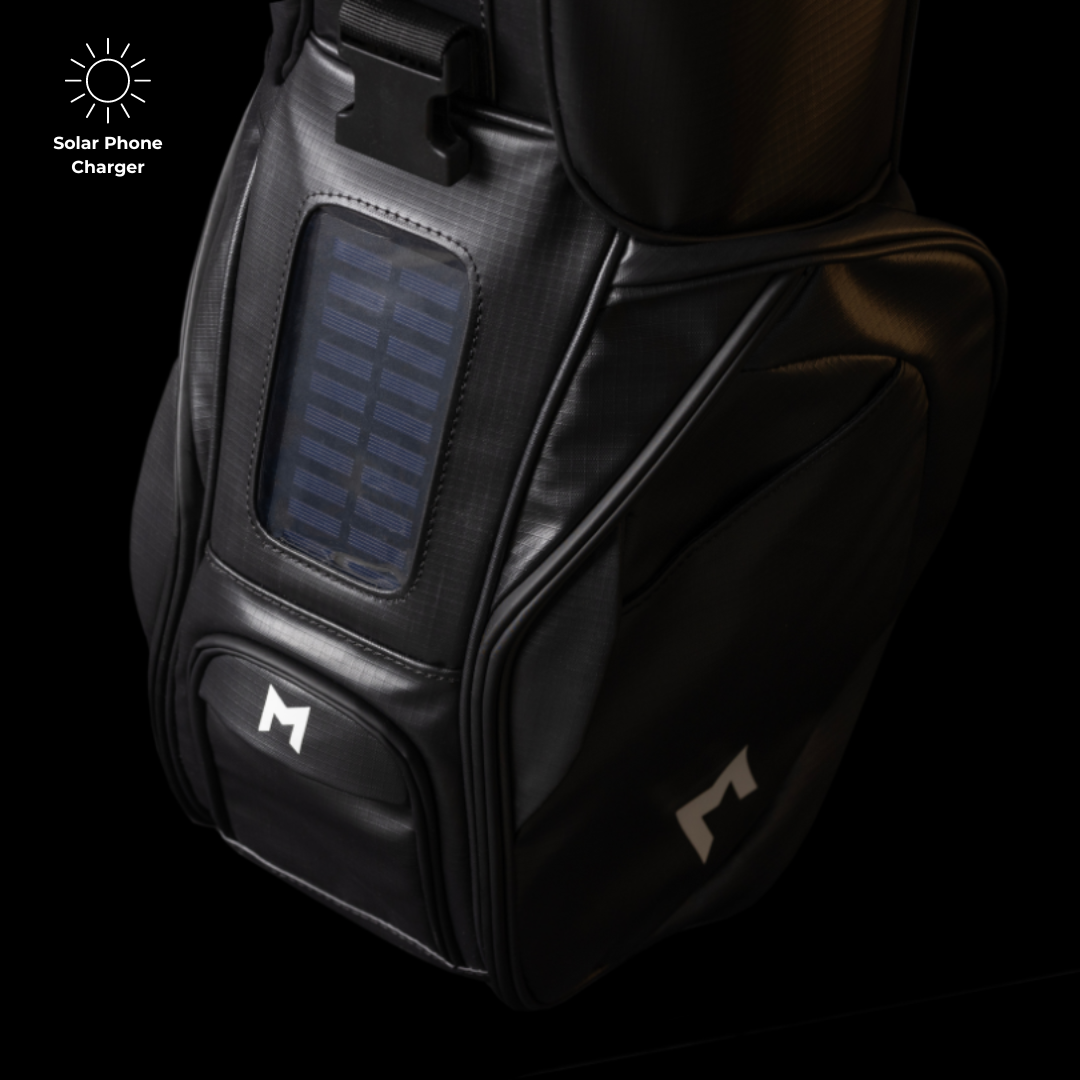 The new MNML GOLF MR1 Sustainable Golf bag has a purchasable tech kit that includes a solar power charger for your speaker and phone. The charger is both iPhone and Android compatible.
