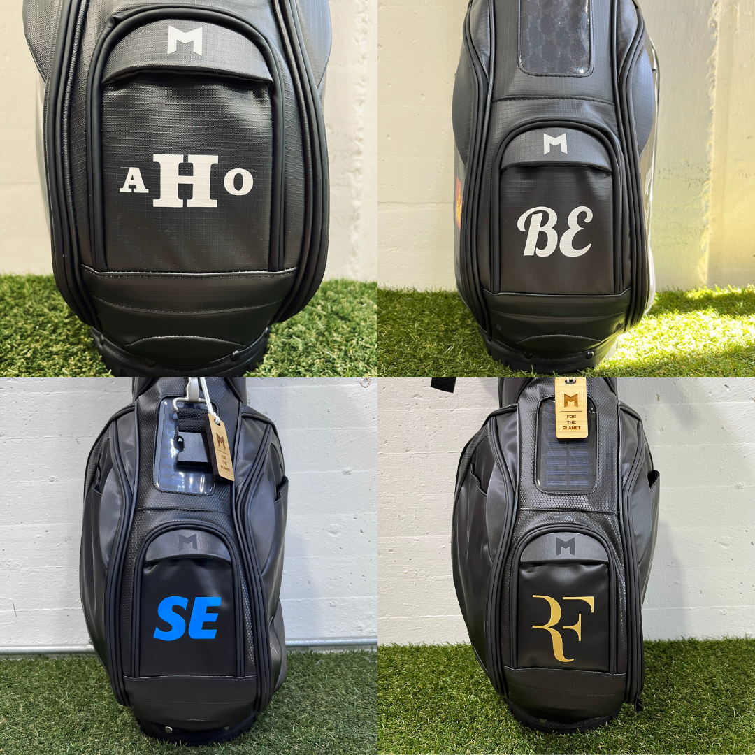 4 examples of custom golf bags with hand painted personalization, including initials in different colors and fonts.