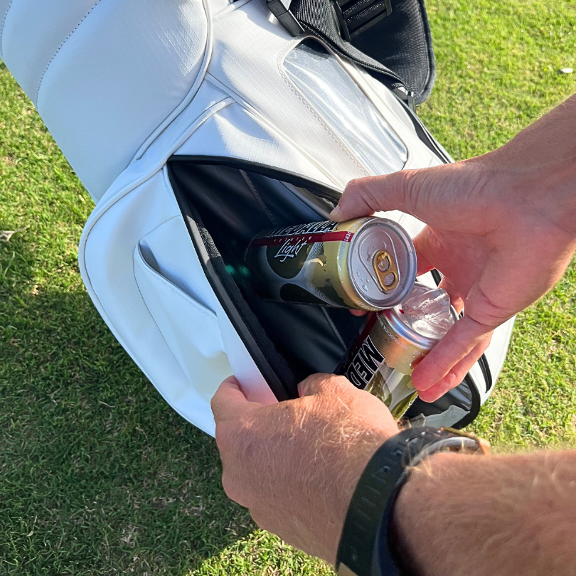 MNML GOLF makes sustainable golf bags with a magnetic thermal pocket to hold your drinks.