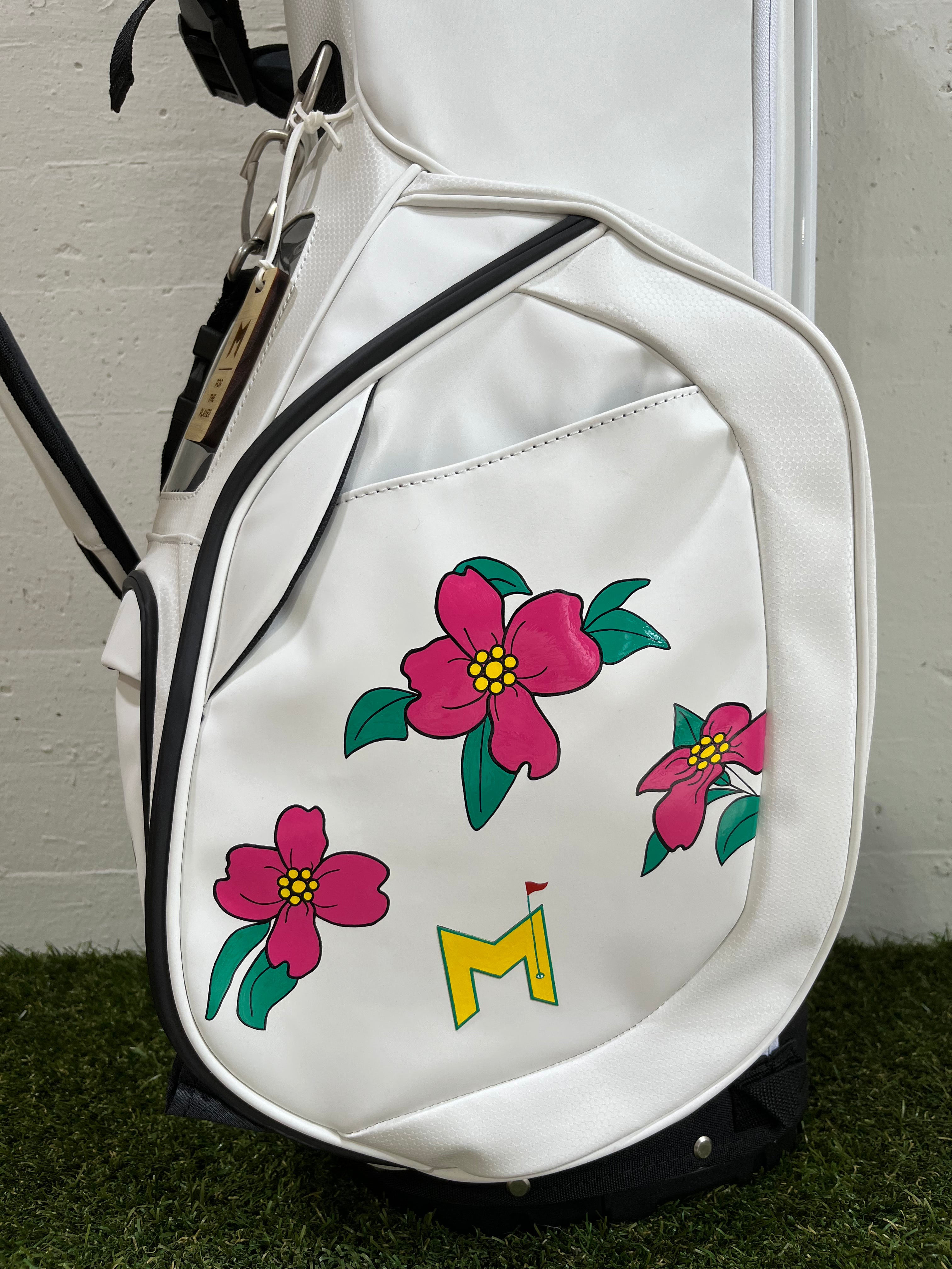 MNML GOLF custom hand painted white golf bag with The Masters Azalea flower.