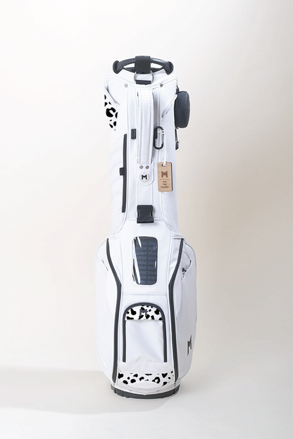 This is the MR1 eco golf bag, made from 40 recycled water bottles. It features hand painted leopard print by artist, Axel Lony.