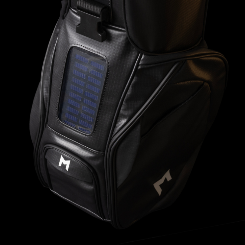 MNML GOLF MR1 sustainable golf bag  has a tech kit, for purchase, that includes a solar power bank will charge your phone and speaker using energy from the sun!