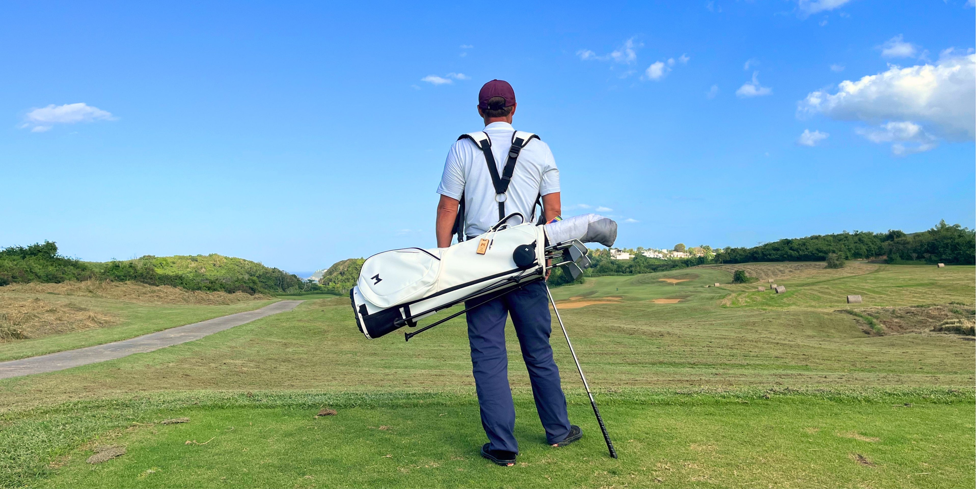 This is mnml golf's mr1 white custom golf bag.