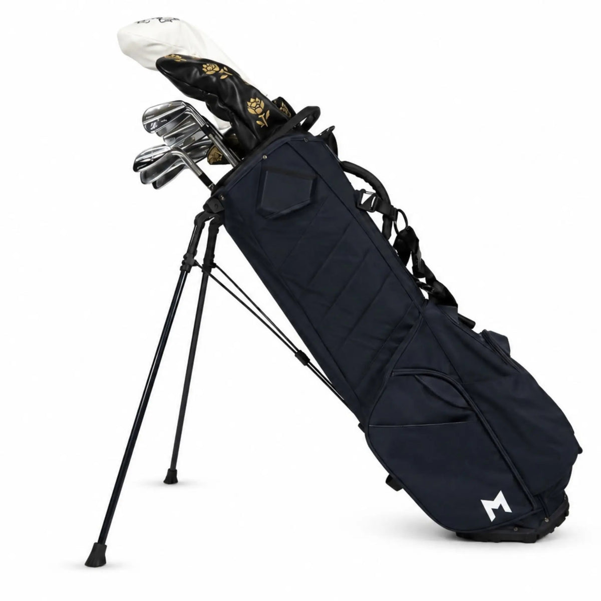 A navy blue stand golf bag with a white logo, holding several golf clubs, photographed on a clean white background.