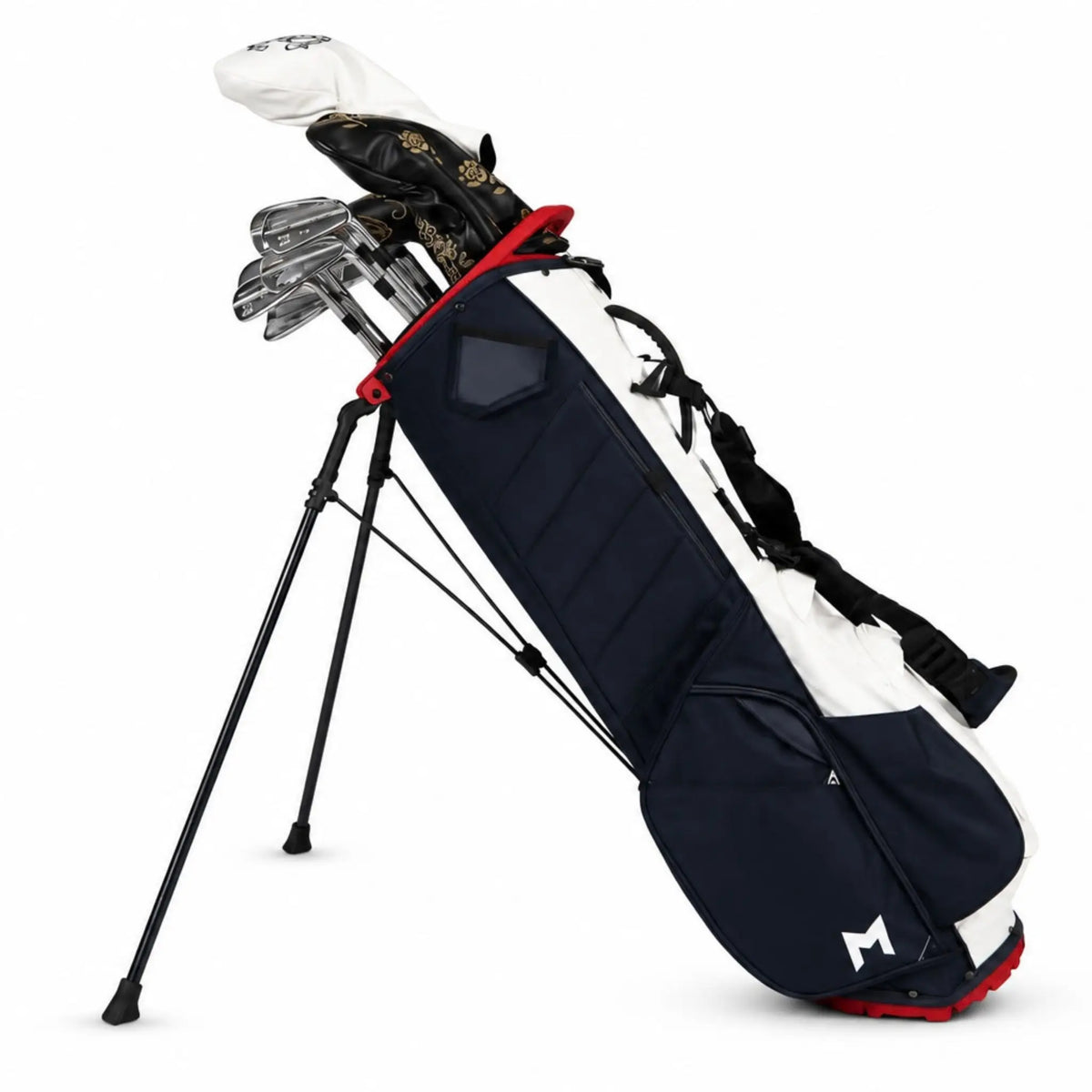 A navy blue and white stand golf bag with red accents, shown with golf clubs inserted on a white background.