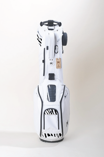 MNML GOLF collaborated with Axel Lony on hand painted golf bags. This is the MR1 Eco Golf Bag with zebra print.