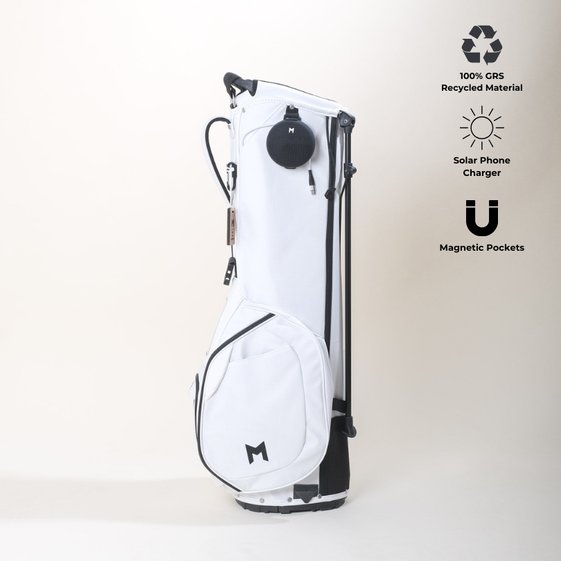 The new MR1 Sustainable Golf Bag comes in black or white; both options are made from recycled material.