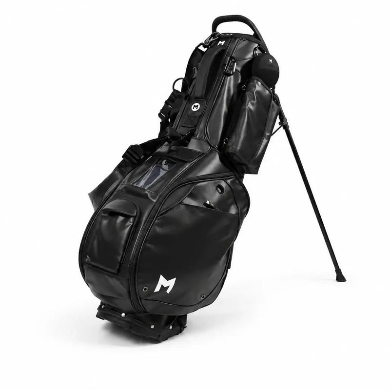 A black MR3 stand golf bag with multiple magnetic pockets and replaceable legs, shown on a clean white background.