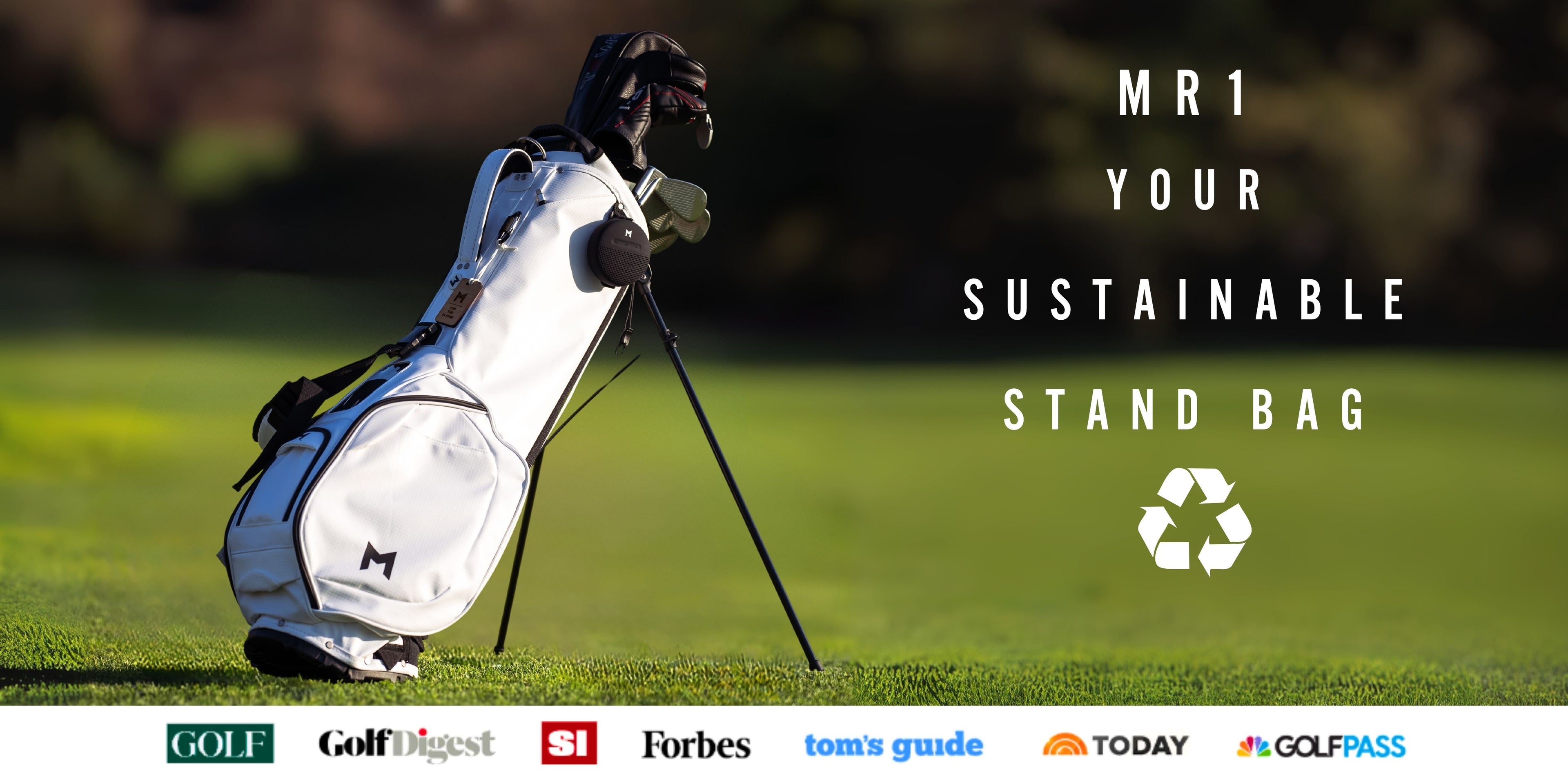 This is the white MNML GOLF MR1 Eco Friendly golf bag, the best features for the modern golfer.