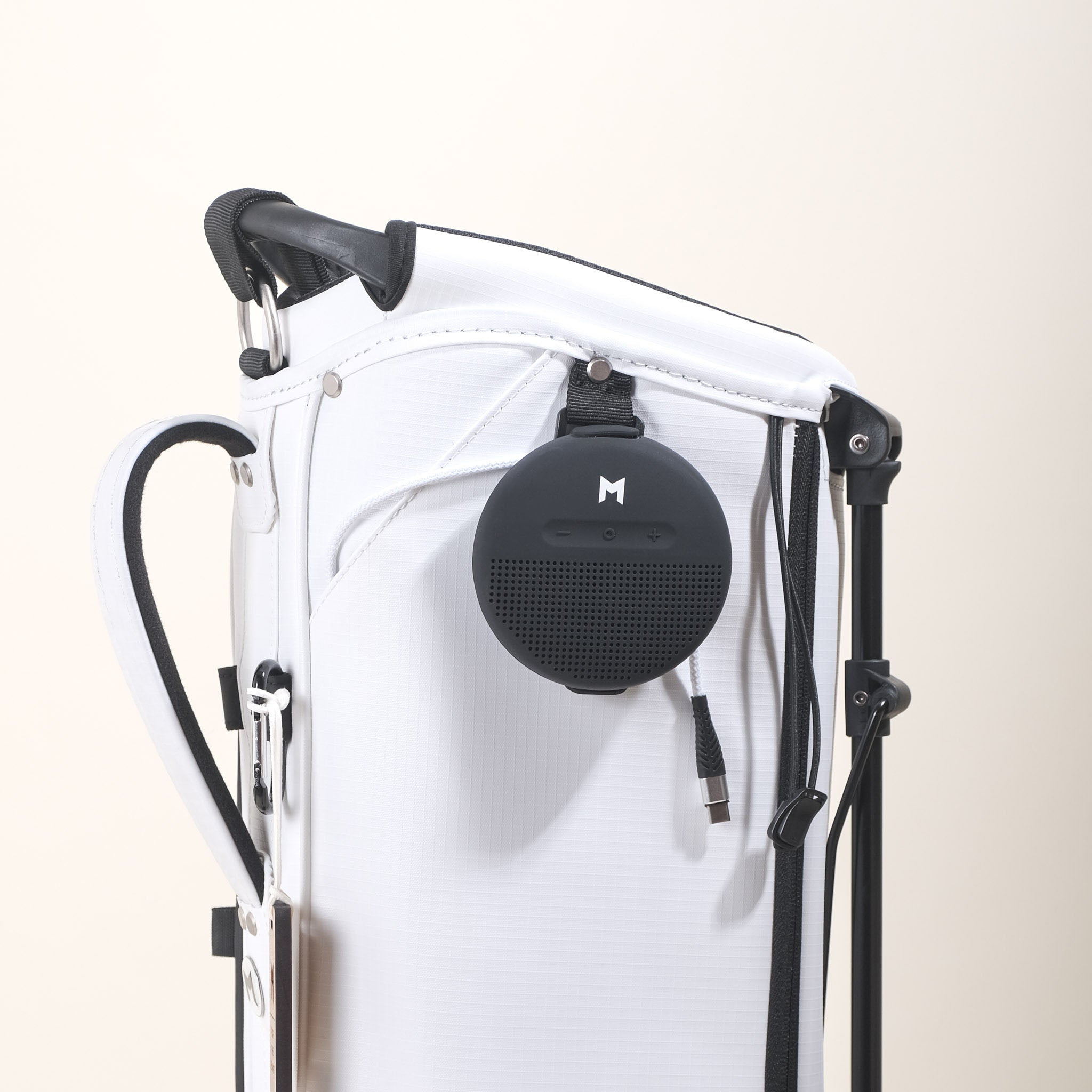 MNML GOLF bag features a waterproof bluetooth speaker,  part of the tech kit.