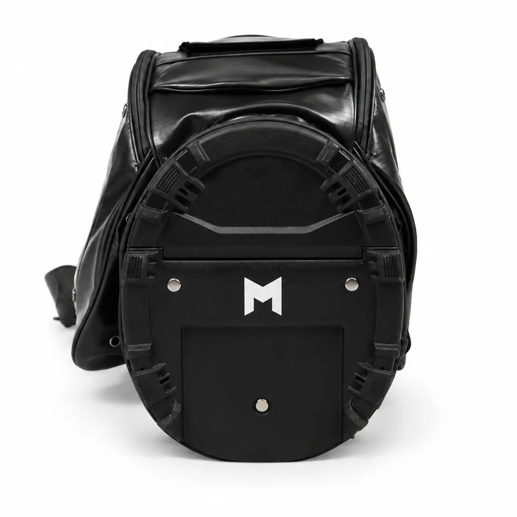 A black golf bag with a circular front bottom featuring a white stylized 'M' logo, shown from the back on a white background.