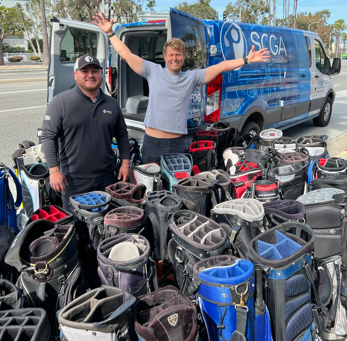 MNML GOLF founder, Sam Goulden, and SCGA team member packing golf bag donations outside MNML GOLF CLUB in Redondo Beach, California.