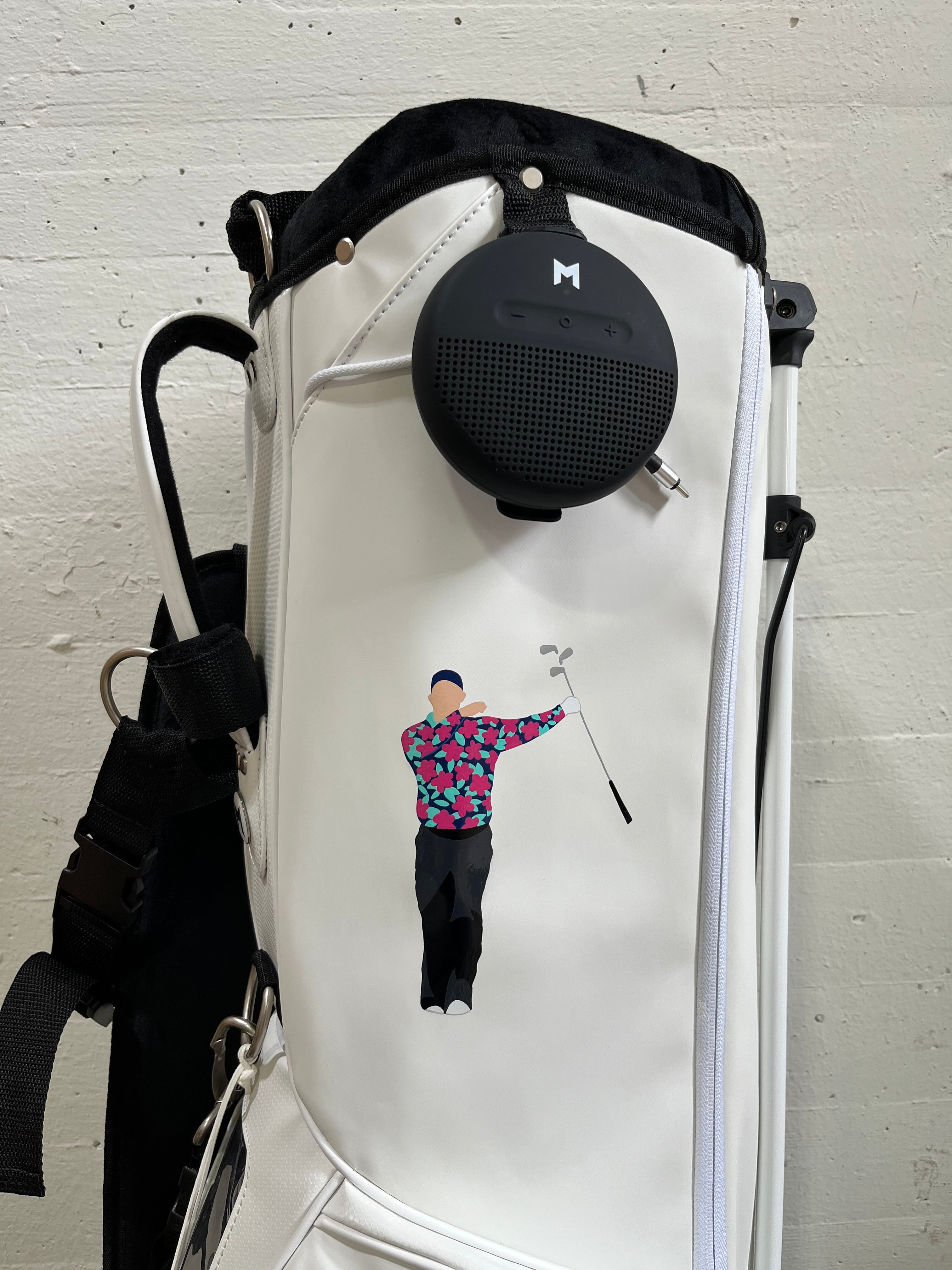 MNML GOLF white bag with custom hand painted graphic.