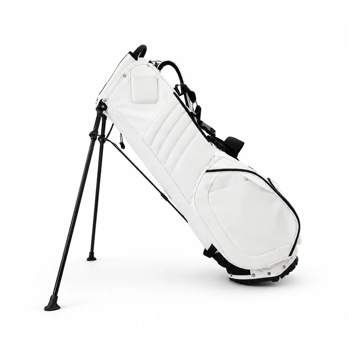 A white stand golf bag with black accents and a black dual-leg stand, shown on a clean white background.